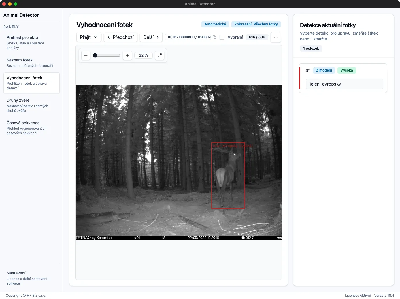 Obrazovka aplikace s detekcemi vyznačenými přímo ve fotografii.